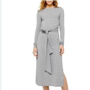 Topshop Tie Waist Long Sleeve Knit Midi Grey Dress, Size S